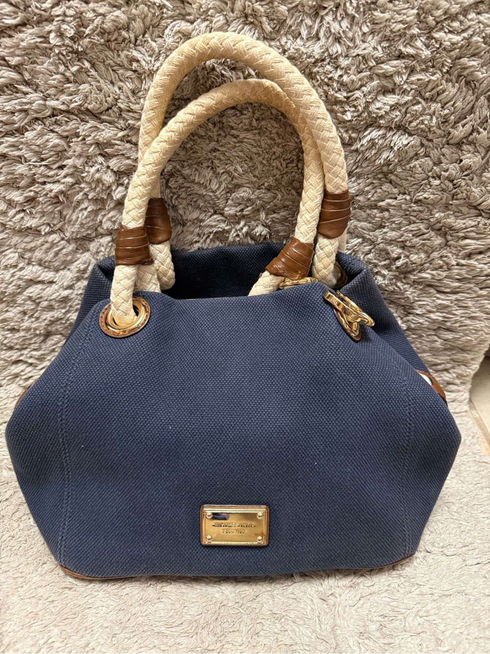 Michael Kors Marina Nautical Navy Canvas Tote with Rope Handles.